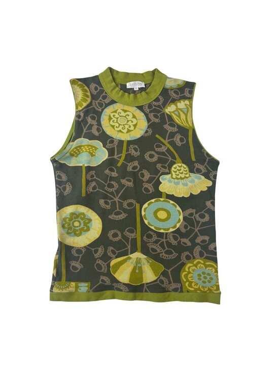 Tehen Tops - Tehen Par S 2 Floral Sleeveless Top Green & Yellow Retro Design Vintage Y2K